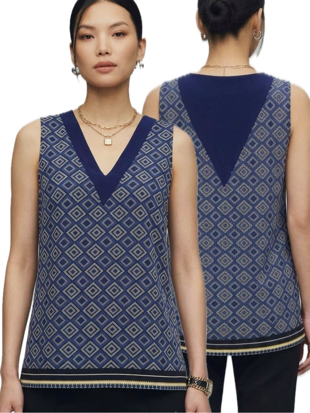 NYDJ Geometric Aztec Patterned V-Neck Tunic Tank Top Size XS High Lo Hem Flowy